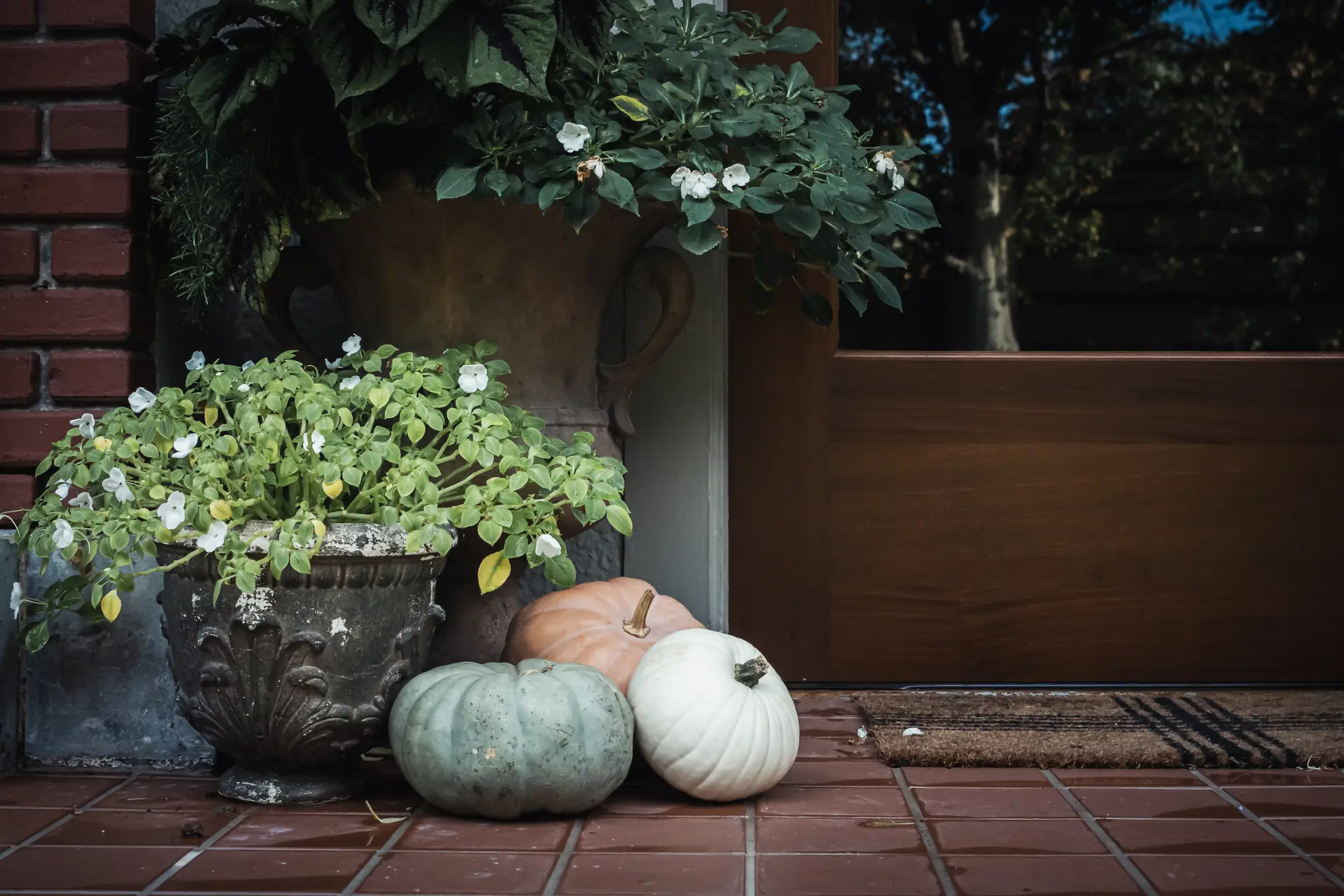 La porte de la maison en automne, des courges sur les tomettes